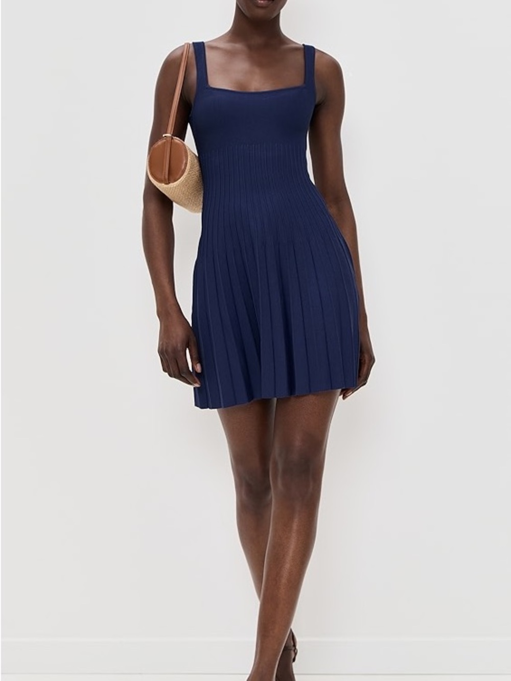 STAUD Navy Square-Neck Pleated Mini Dress